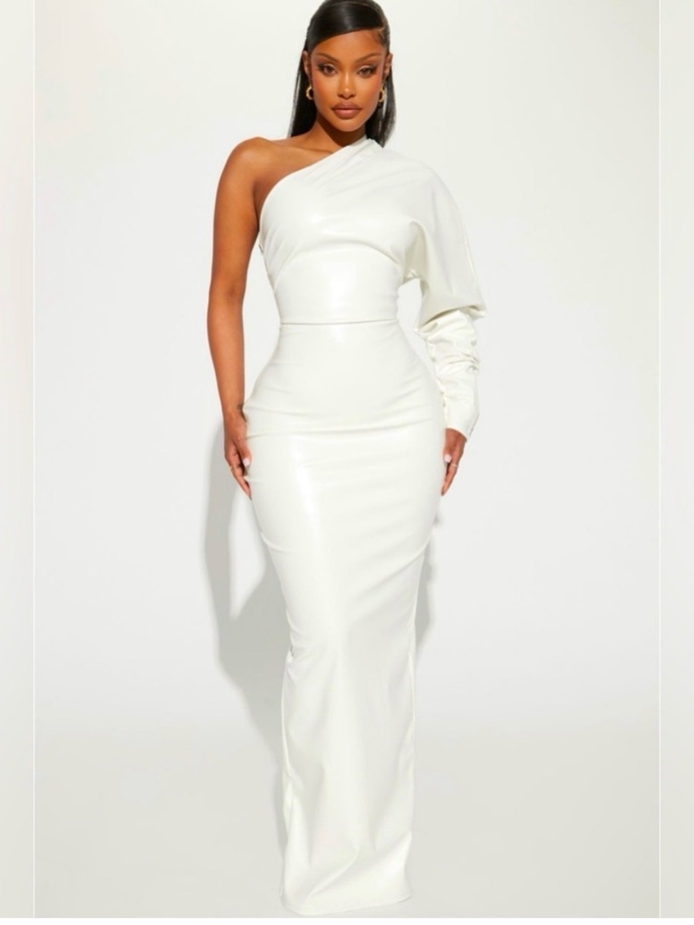 Fashion Nova One-Shoulder White Maxi Gown faux leather
